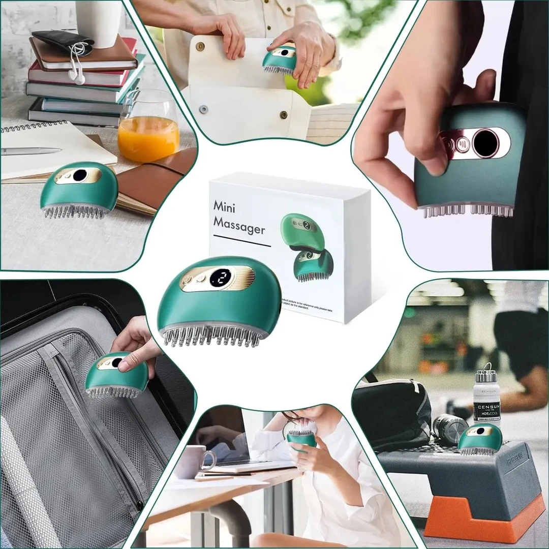 Masajeador eléctrico verde con cabezales intercambiables, vibración y calor, en uso en cuello, espalda y rostro, junto a su caja y accesorios.