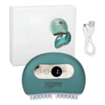 Masajeador eléctrico de color turquesa con panel de control digital, púas flexibles en la base y cable USB incluido, junto a su caja de presentación.