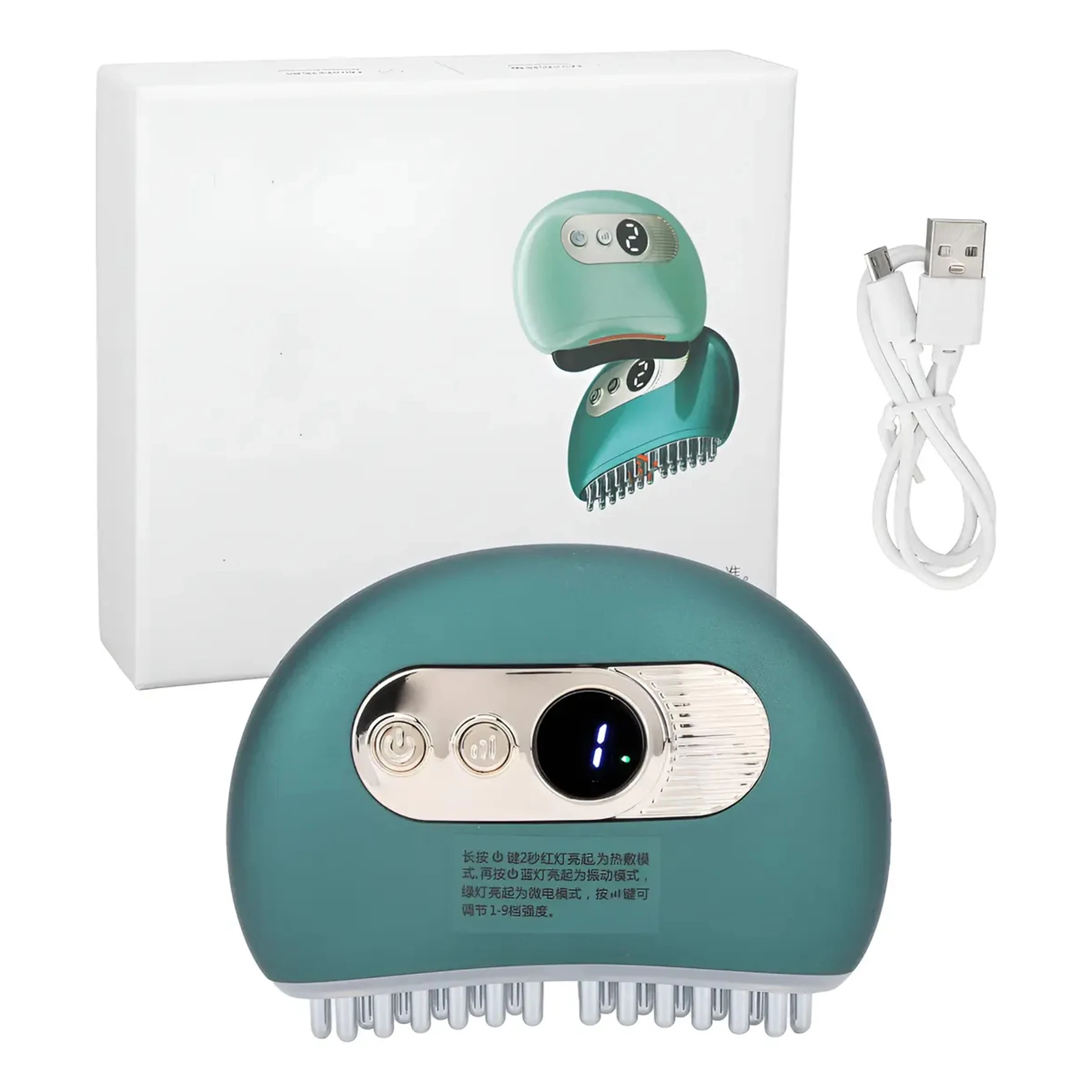 Masajeador eléctrico de color turquesa con panel de control digital, púas flexibles en la base y cable USB incluido, junto a su caja de presentación.