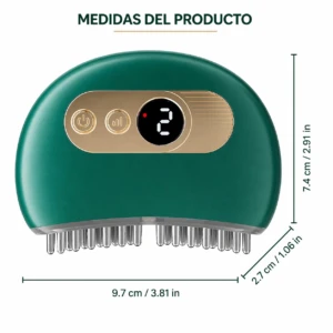 Masajeador eléctrico verde con pantalla digital y púas metálicas, mostrando medidas de 9.7 cm de ancho y 7.4 cm de alto.