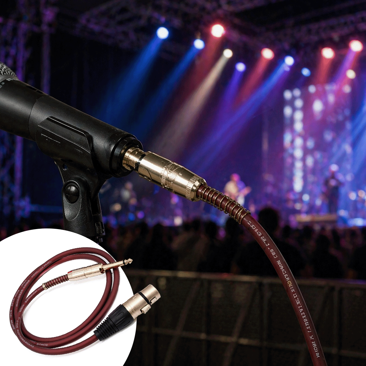 Cable XLR hembra a jack 6.35 mm de 1.5 metros en negro, mostrando conector XLR plateado y jack de audio con micrófono conectado.