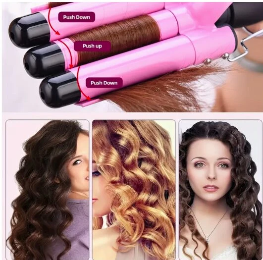 Rizadora de pelo 3 cilindros con cerámica y iones negativos - obtiene ondas suaves y duraderas en minutos