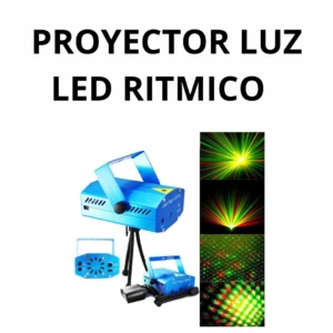 Proyector LED rítmico azul sobre trípode, con mando a distancia y ejemplos de efectos de luz verde y roja en pantalla.