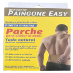 Caja amarilla de parches adhesivos para aliviar el dolor muscular, mostrando a un hombre aplicando el parche en su espalda baja.