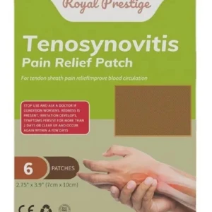 Pack de dos parches para alivio del dolor de tenosinovitis, con diseño rectangular en tonos verdes y marrones, mostrando de mano con zona afectada resaltada en rojo. Incluye advertencia médica y dimensiones visibles: 7 cm x 10 cm por parche.