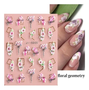 Set de stickers para uñas 5D con flores rosas y detalles geométricos dorados, aplicados en uñas naturales con acabado brillante.