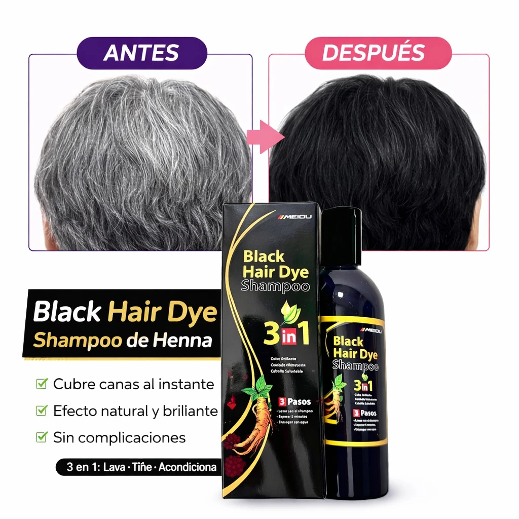 Shampoo colorante negro con henna 3 en 1: antes y después de cubrir canas, con acabado brillante y natural. Incluye botella y caja.
