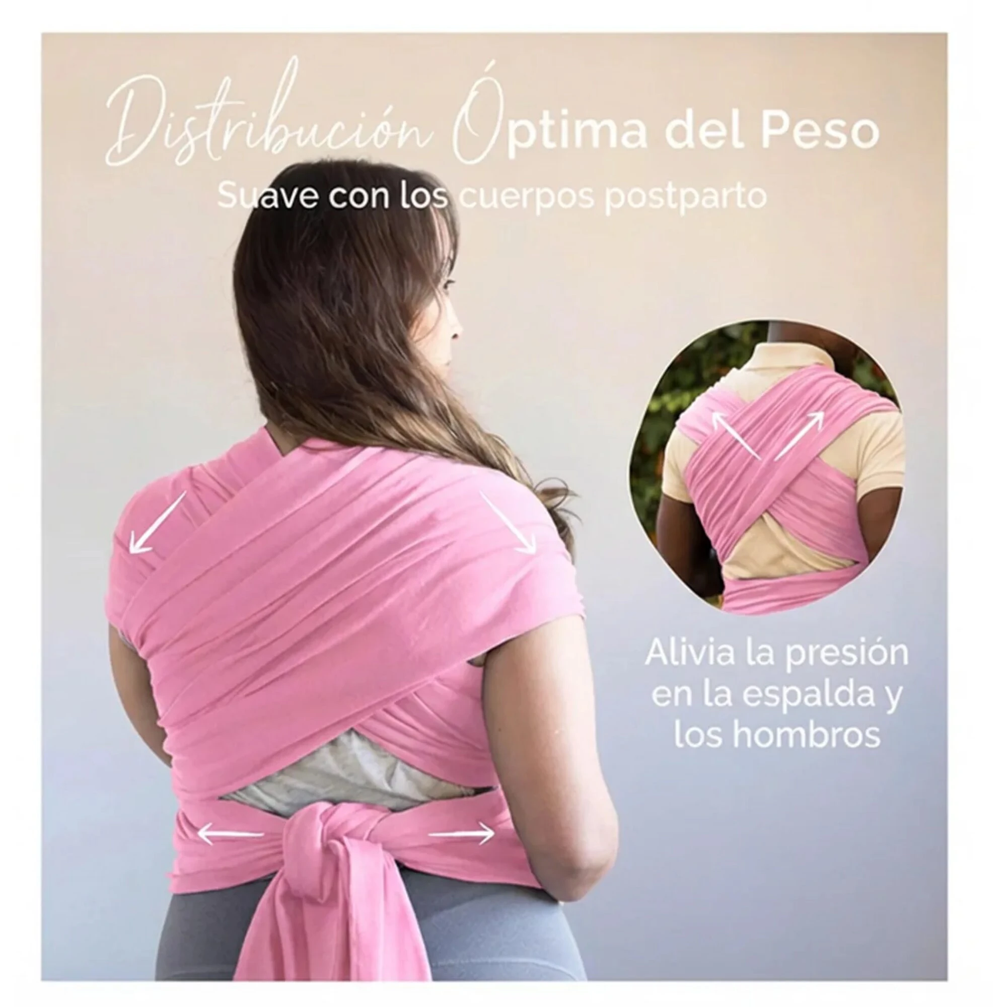 Mujer usando fular cargador de bebé en color rosa, con nudos traseros y flechas indicando distribución de peso en espalda y hombros.