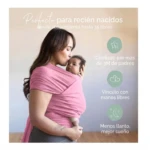 Mujer usando fular cargador de bebé en color rosa, con bebé envuelto en tela de algodón. Producto ideal para recién nacidos, hasta 35 libras.