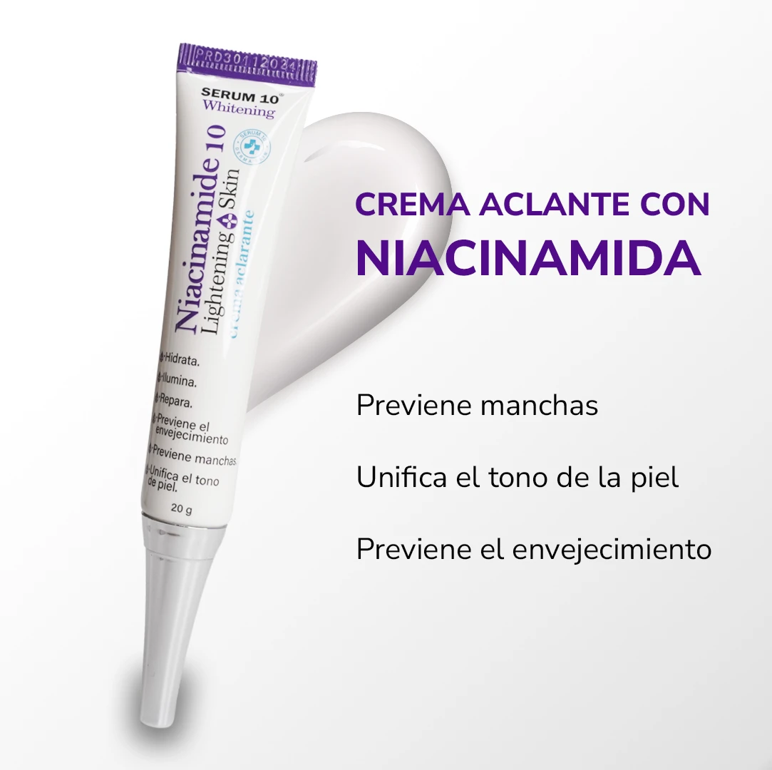 Tubo de crema aclantante con niacinamida, presentación de 20 g, color blanco con detalles en morado, muestra de producto y texto descriptivo sobre beneficios para la piel.