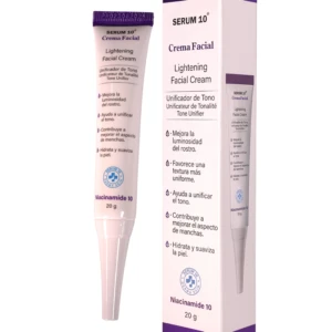 Serum 10 Crema Facial Iluminadora con Niacinamida, 20 g, presentación tubular y caja blanca con detalles en morado.