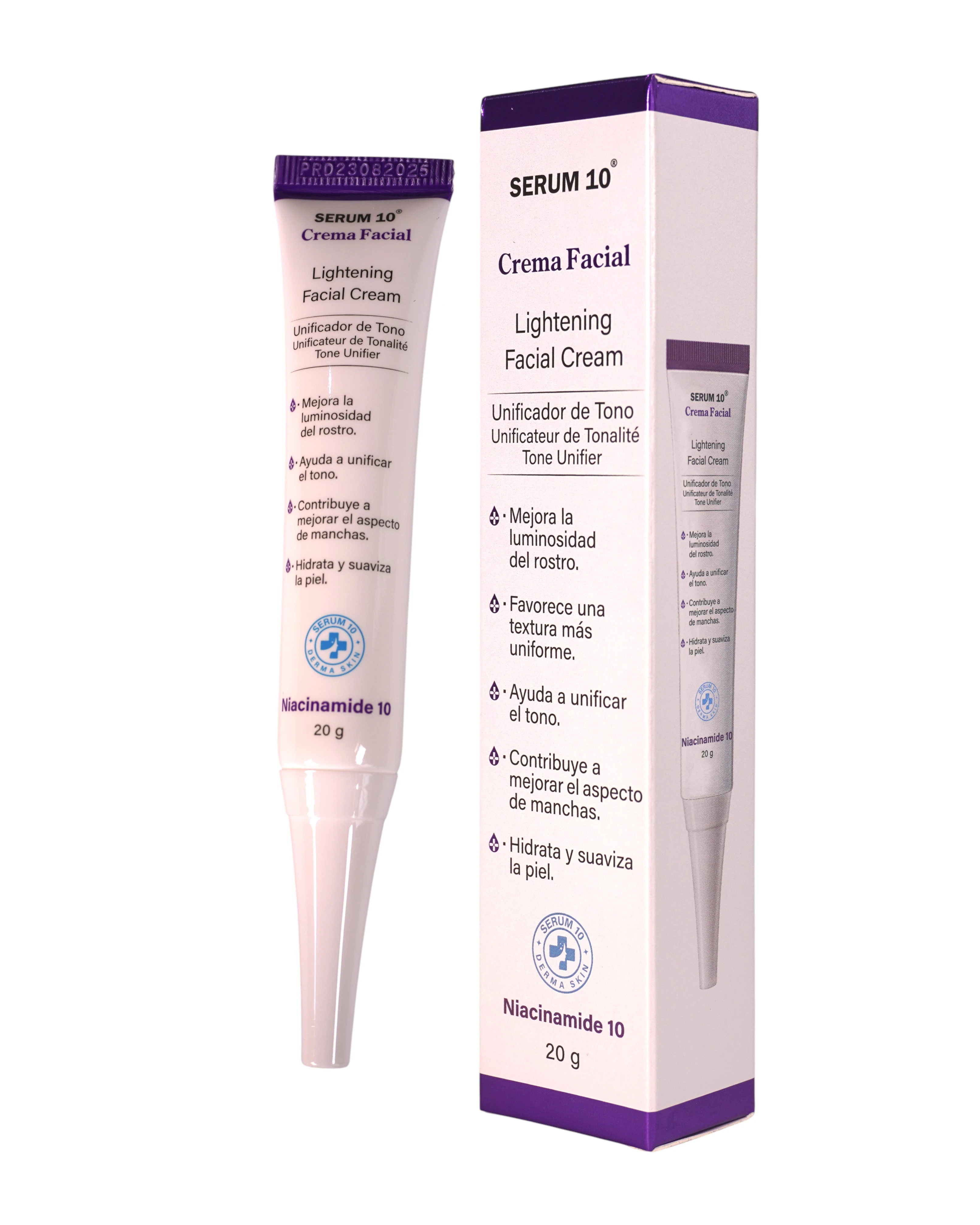 Serum 10 Crema Facial Iluminadora con Niacinamida, 20 g, presentación tubular y caja blanca con detalles en morado.
