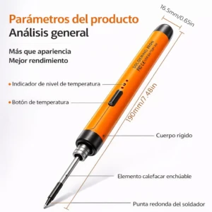 Cautín portátil recargable SolderPro Go de 10W en color naranja, con medidas de 190 mm de largo y 16,5 mm de diámetro, mostrando detalles como indicador de temperatura, botón de control y punta redonda para soldadura.