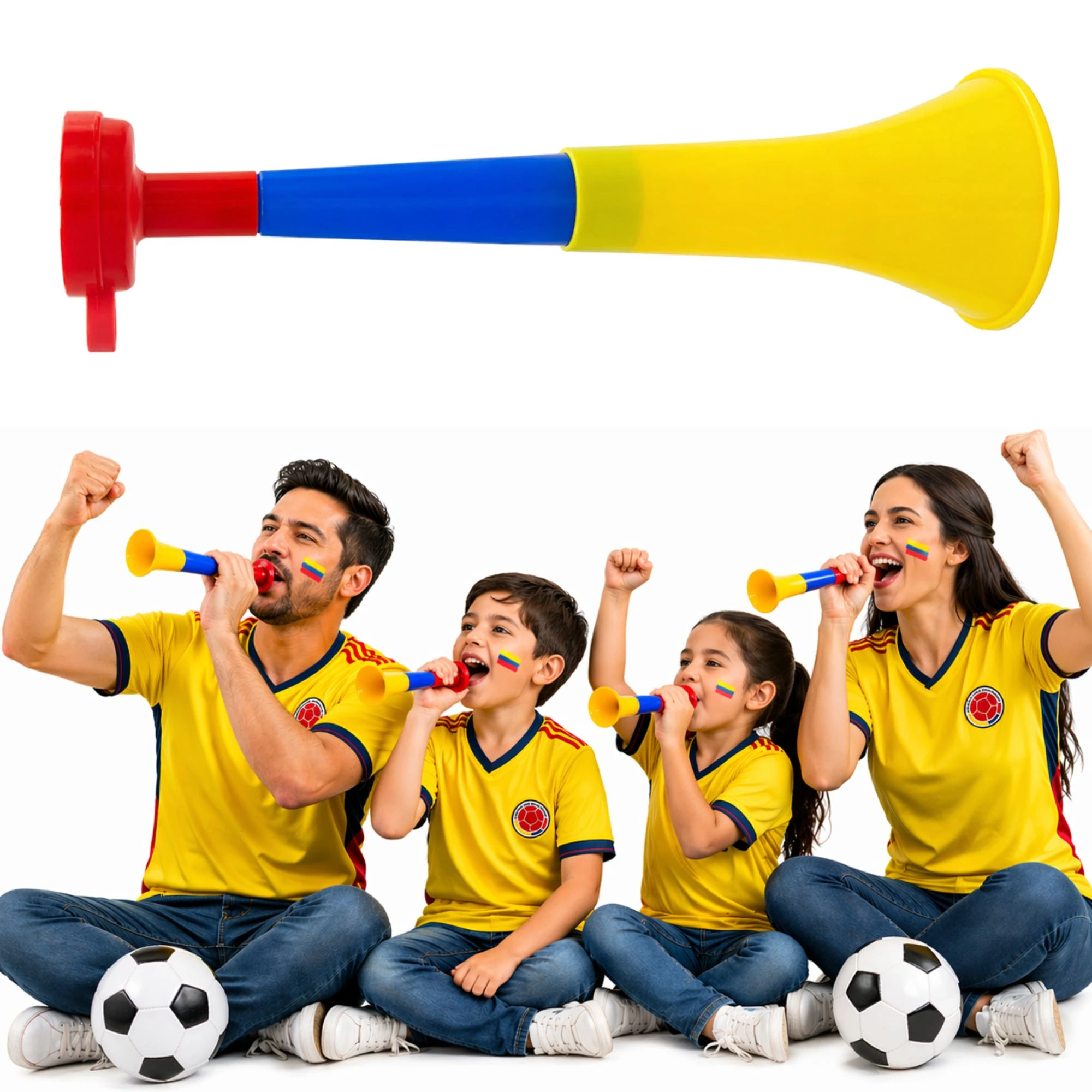 Vuvuzela tricolor pequeña en rojo, azul y amarillo, con familia colombiana animando fútbol usando el silbato.