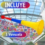 Vuvuzela tricolor pequeña en color amarillo, azul y rojo, con boquilla roja, sobre fondo de techo de vidrio con banderas internacionales. Incluye texto "INCLUYE 1 Vuvuzela".
