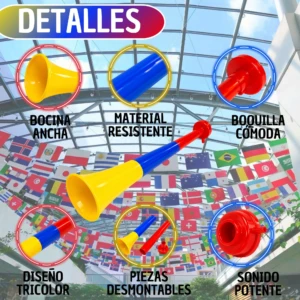 Vuvuzela tricolor pequeña con bocina ancha, boquilla cómoda y piezas desmontables; diseño resistente y sonido potente para animar partidos de fútbol.