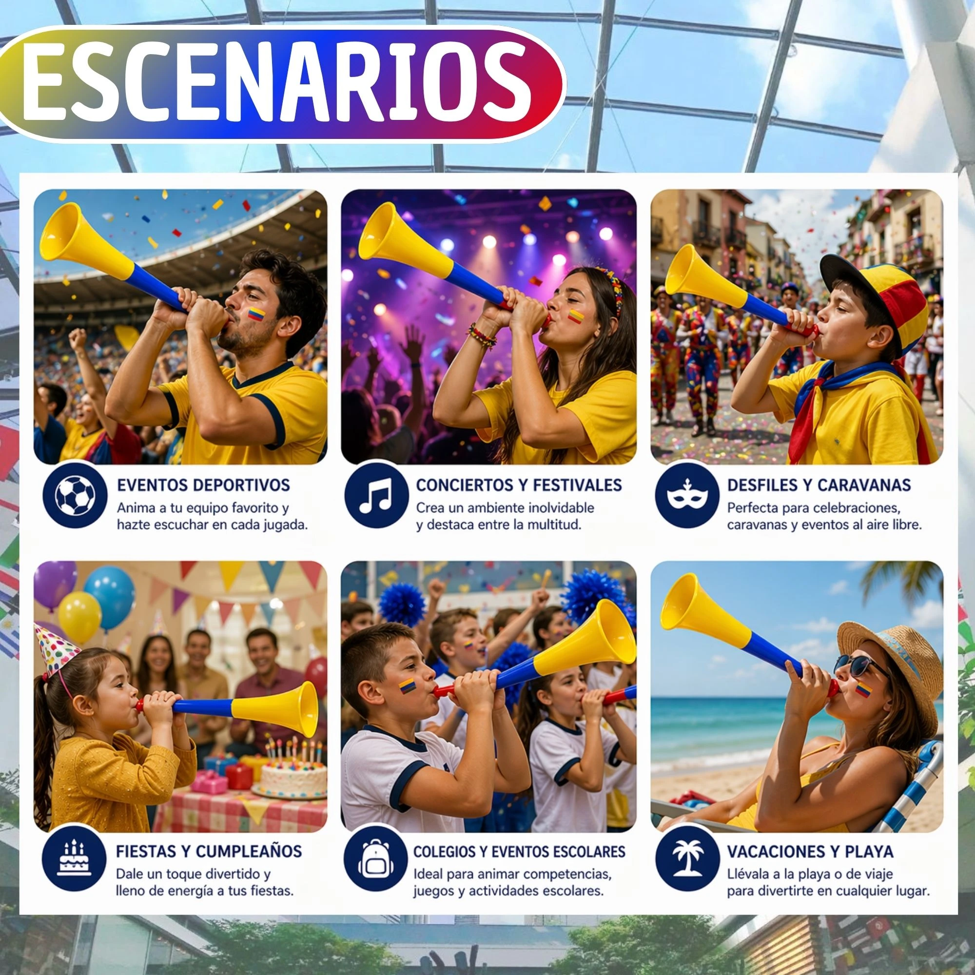 Set de tres vuvuzelas pequeñas en colores amarillo, azul y rojo, usadas por personas en eventos deportivos, fiestas y playas.