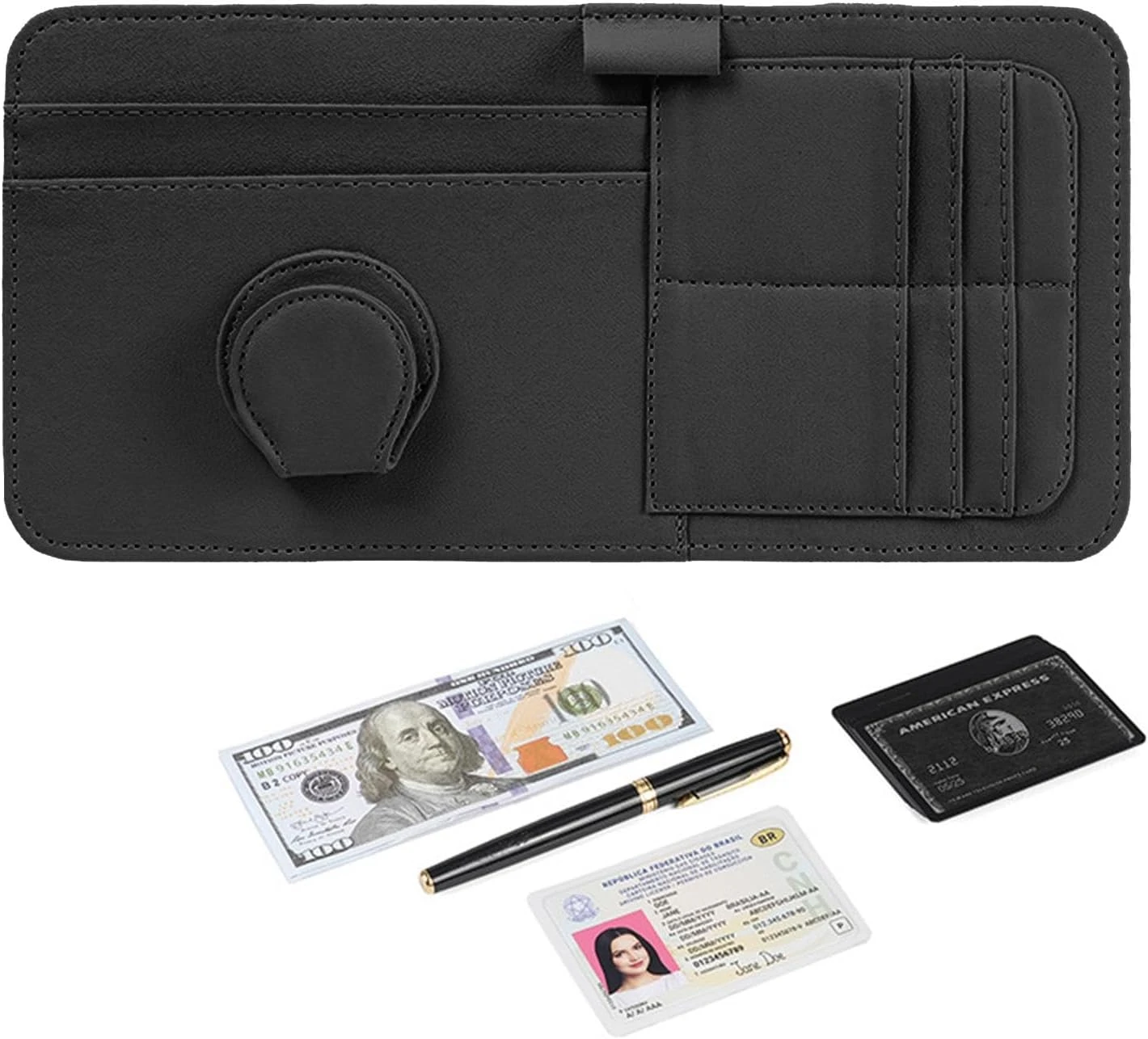 Organizador negro para visera de carro, con compartimentos para tarjetas, billetes y documentos, mostrando contenido incluido.