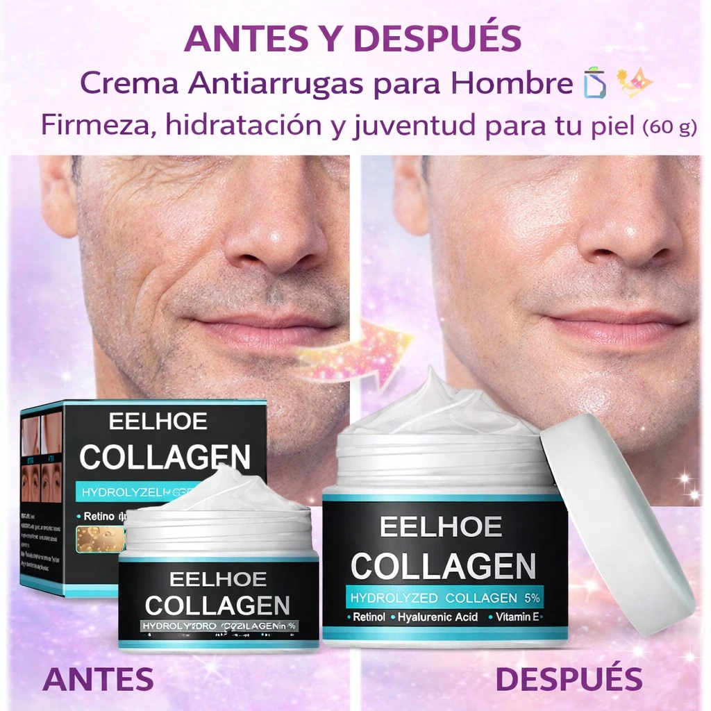 Crema antiarrugas para hombre EELHOE Collagen, presentación de 60 g con retinol y ácido hialurónico. Muestra antes y después en rostro masculino, mostrando reducción de líneas de expresión y mayor firmeza. Incluye dos frascos blancos con etiqueta negra y tapa azul.