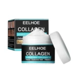 Crema antiarrugas EELHOE para hombre, con retinol y ácido hialurónico. Presentación en frasco blanco con tapa removible y caja negra con detalles en azul.