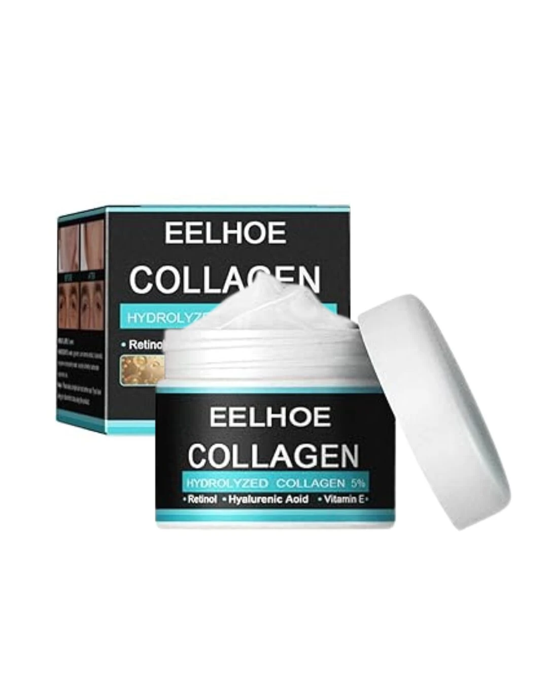 Crema antiarrugas EELHOE para hombre, con retinol y ácido hialurónico. Presentación en frasco blanco con tapa removible y caja negra con detalles en azul.