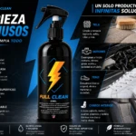 Botella negra de 200 ml del limpiador multiusos Full Clean, con diseño de rayo amarillo y etiqueta que muestra aplicaciones en tela, motor, tenis y carrocería.