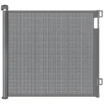 Puerta retráctil de malla gris con marco metálico, diseñada para instalación sin herramientas. Ideal para separar espacios en interiores o exteriores.
