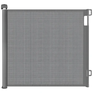 Puerta retráctil de malla gris con marco metálico, diseñada para instalación sin herramientas. Ideal para separar espacios en interiores o exteriores.