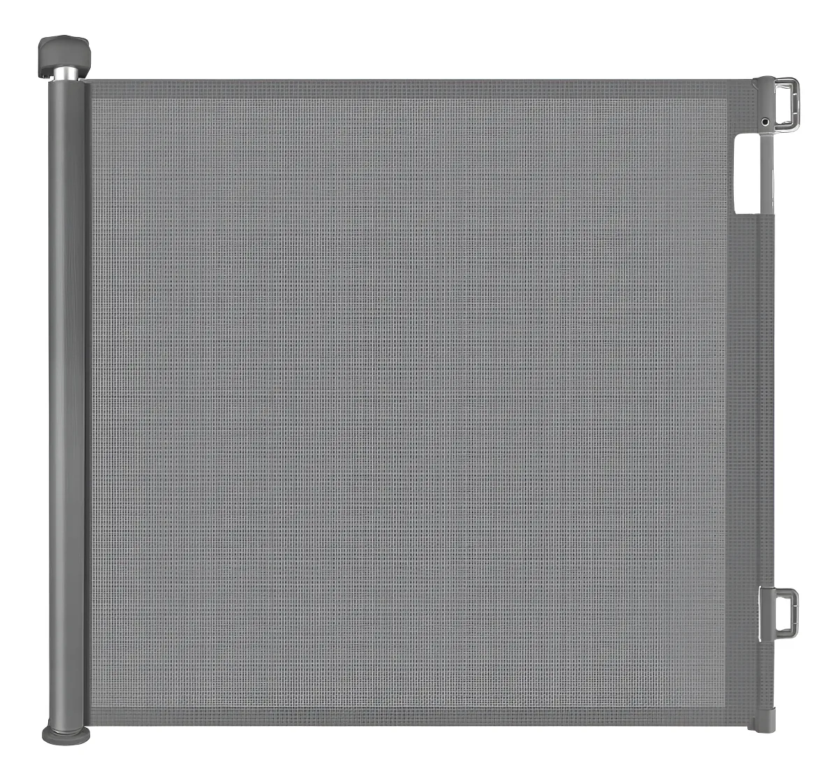 Puerta retráctil de malla gris con marco metálico, diseñada para instalación sin herramientas. Ideal para separar espacios en interiores o exteriores.