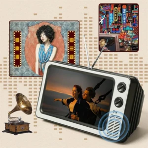Amplificador TV de pantalla 12 pulgadas con lentes HD, mostrando escena de película en pantalla. Incluye antena, parlante y controles giratorios. Acompañado de vinilos decorativos y gramófono vintage.