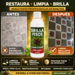 Botella de 250 ml de limpiador de pisos con aroma a pino, mostrando antes y después de su uso en baldosas sucias y renovadas.