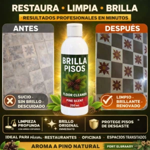 Botella de 250 ml de limpiador de pisos con aroma a pino, mostrando antes y después de su uso en baldosas sucias y renovadas.