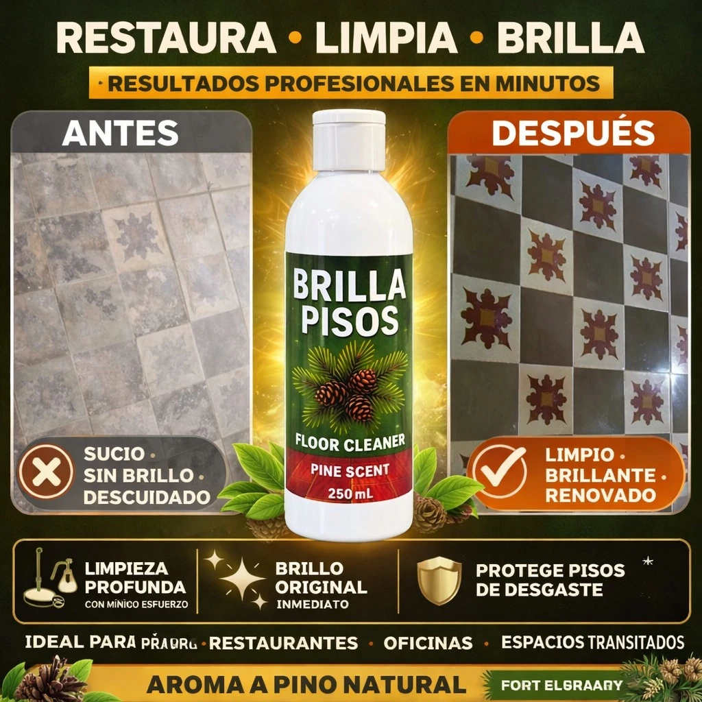 Botella de 250 ml de limpiador de pisos con aroma a pino, mostrando antes y después de su uso en baldosas sucias y renovadas.