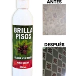 Botella de limpiador de pisos Brilla Pisos, aroma a pino, 250 ml, con etiquetas verde y roja. Incluye comparativa antes y después de su uso en baldosas con diseño floral.