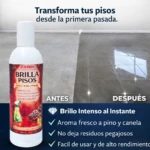 Botella de cera Brilla Pisos Original Zamia, 250 ml, con etiqueta roja y detalles de pino y canela. Muestra antes y después de aplicación en piso cerámico brillante.