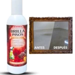 Botella de cera Brilla Pisos de la marca Zamia, con etiqueta roja y blanca, junto a un marco decorativo que muestra antes y después de su aplicación en un piso de cerámica.