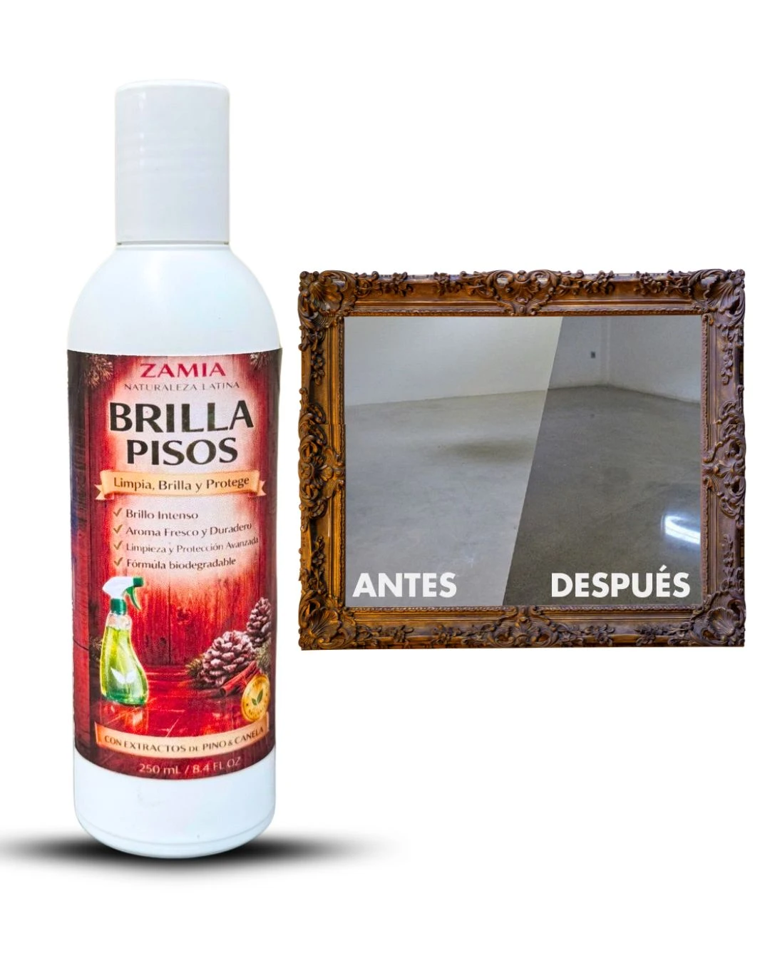 Botella de cera Brilla Pisos de la marca Zamia, con etiqueta roja y blanca, junto a un marco decorativo que muestra antes y después de su aplicación en un piso de cerámica.