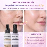 Set de dos ampollas exfoliantes Moolinse con arroz blanco y negro, mostrando antes y después de uso en rostro con piel renovada e hidratada.