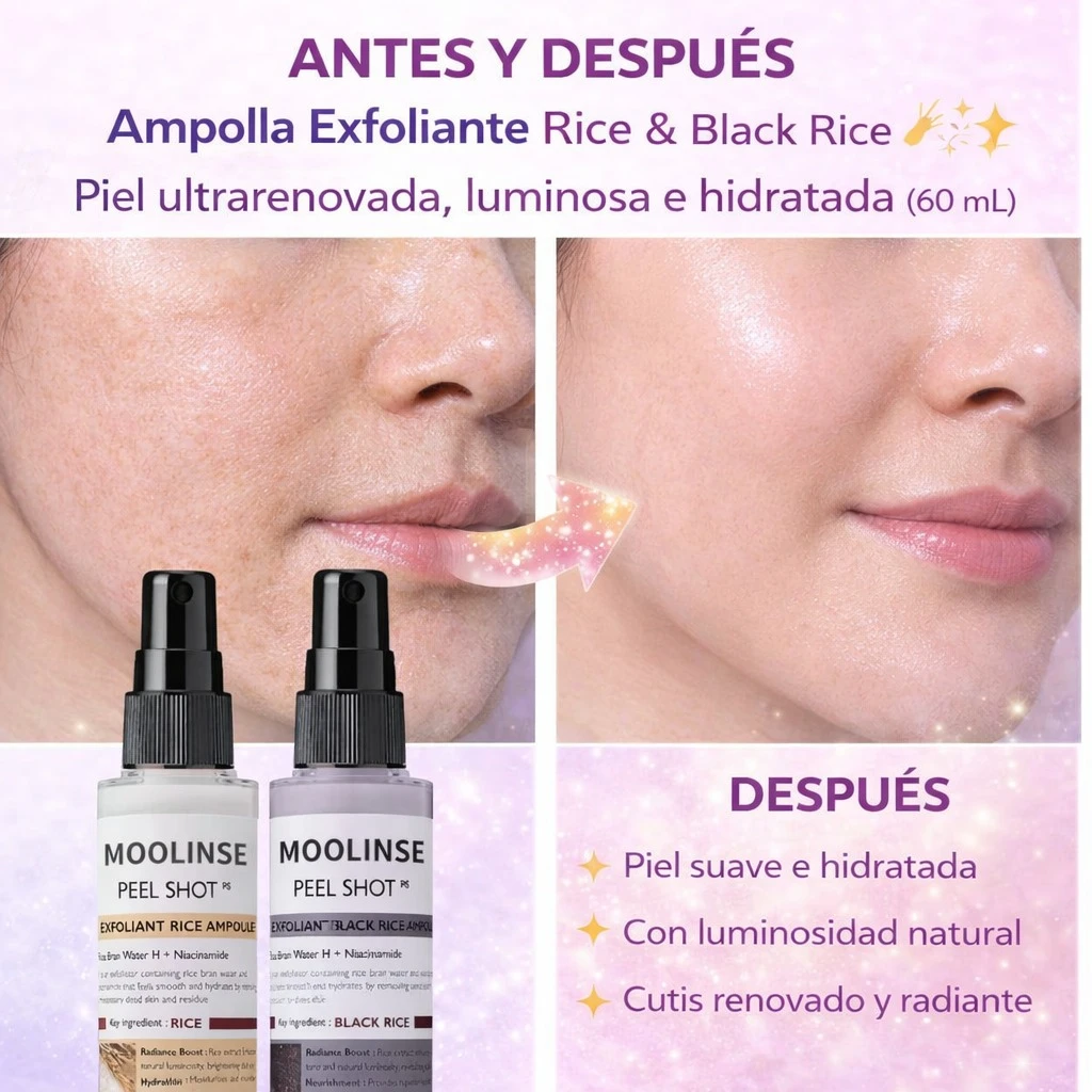 Set de dos ampollas exfoliantes Moolinse con arroz blanco y negro, mostrando antes y después de uso en rostro con piel renovada e hidratada.