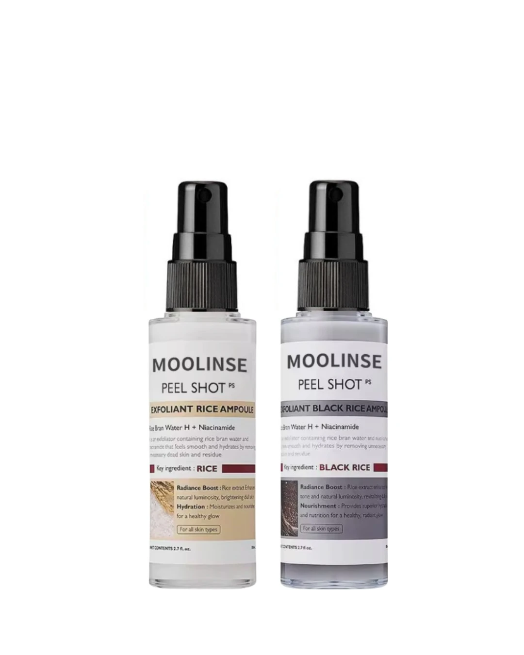Dos botellas de Moolinse Peel Shot, una con arroz blanco y otra con arroz negro, presentadas lado a lado sobre fondo blanco.