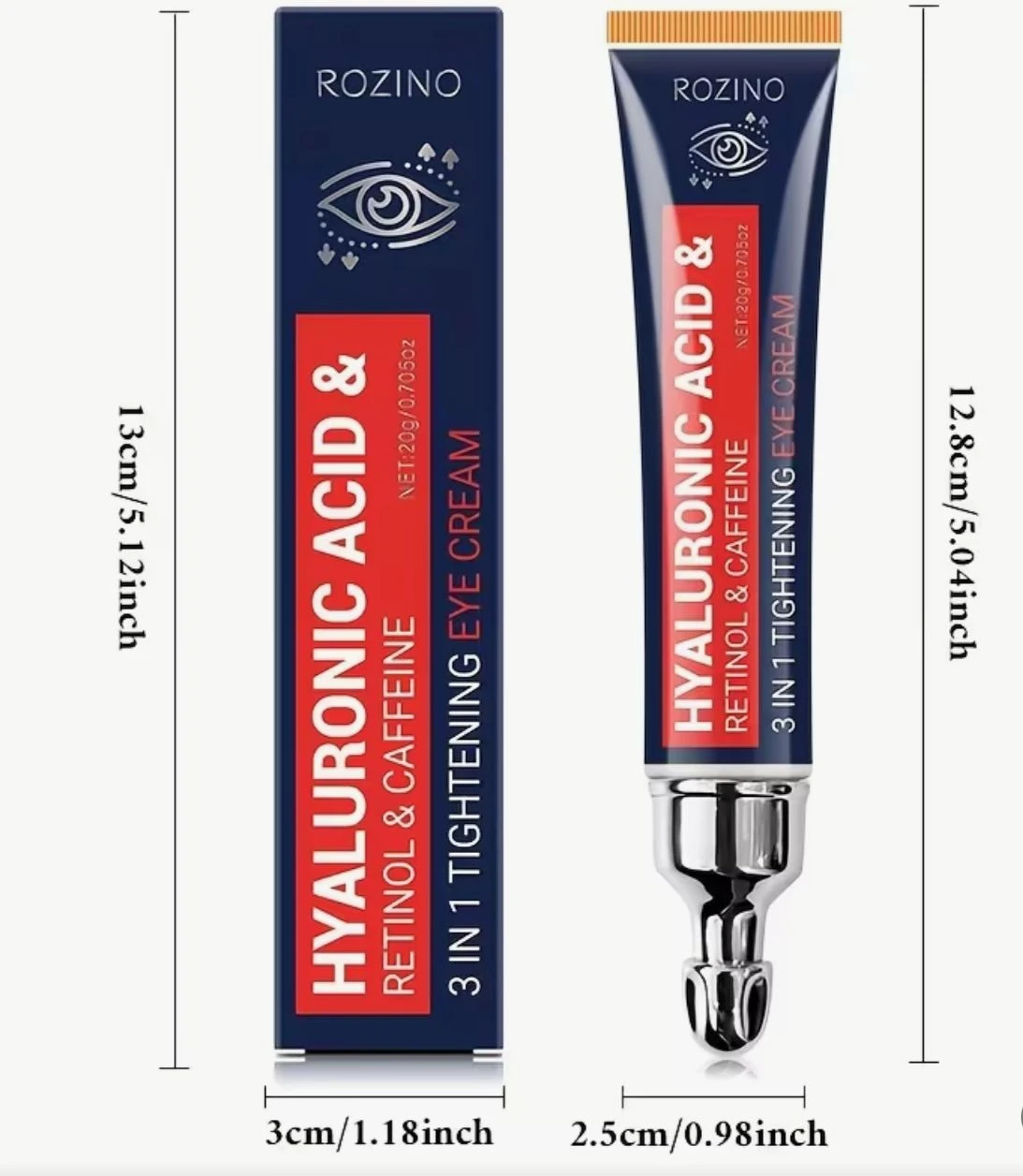 Tubo de crema contorno ojos de Rozino con ácido hialurónico, retinol y cafeína, mostrando empaque y aplicador con medidas visibles.