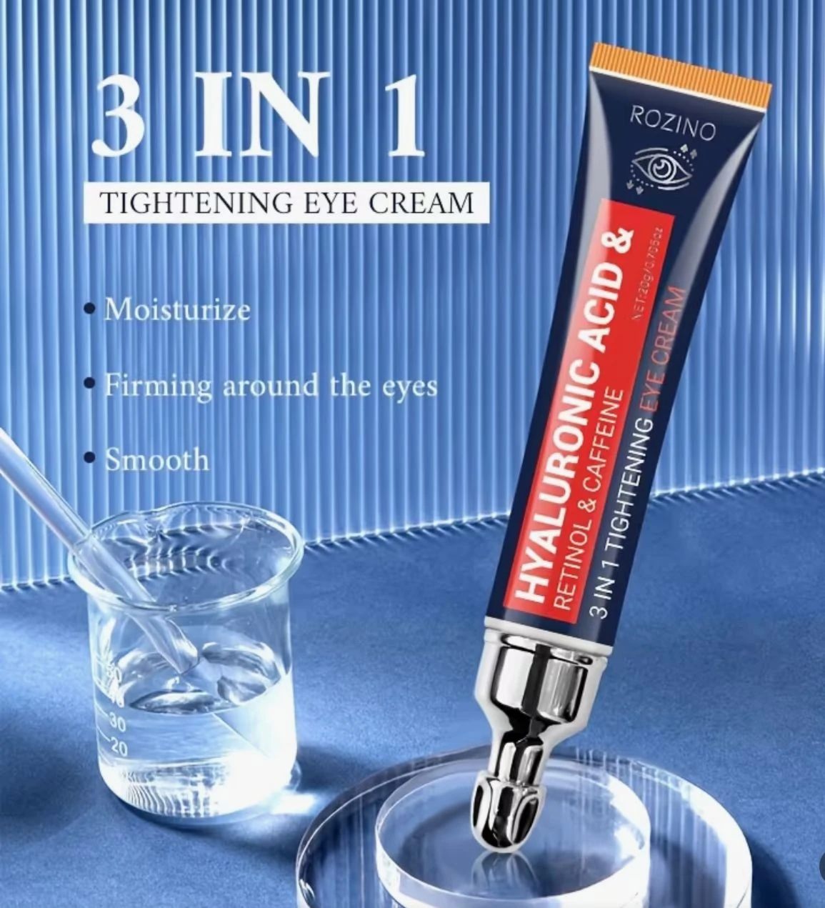 Tubo de crema contorno ojos de Rozino con ácido hialurónico, retinol y cafeína, sobre fondo azul con beaker de laboratorio.