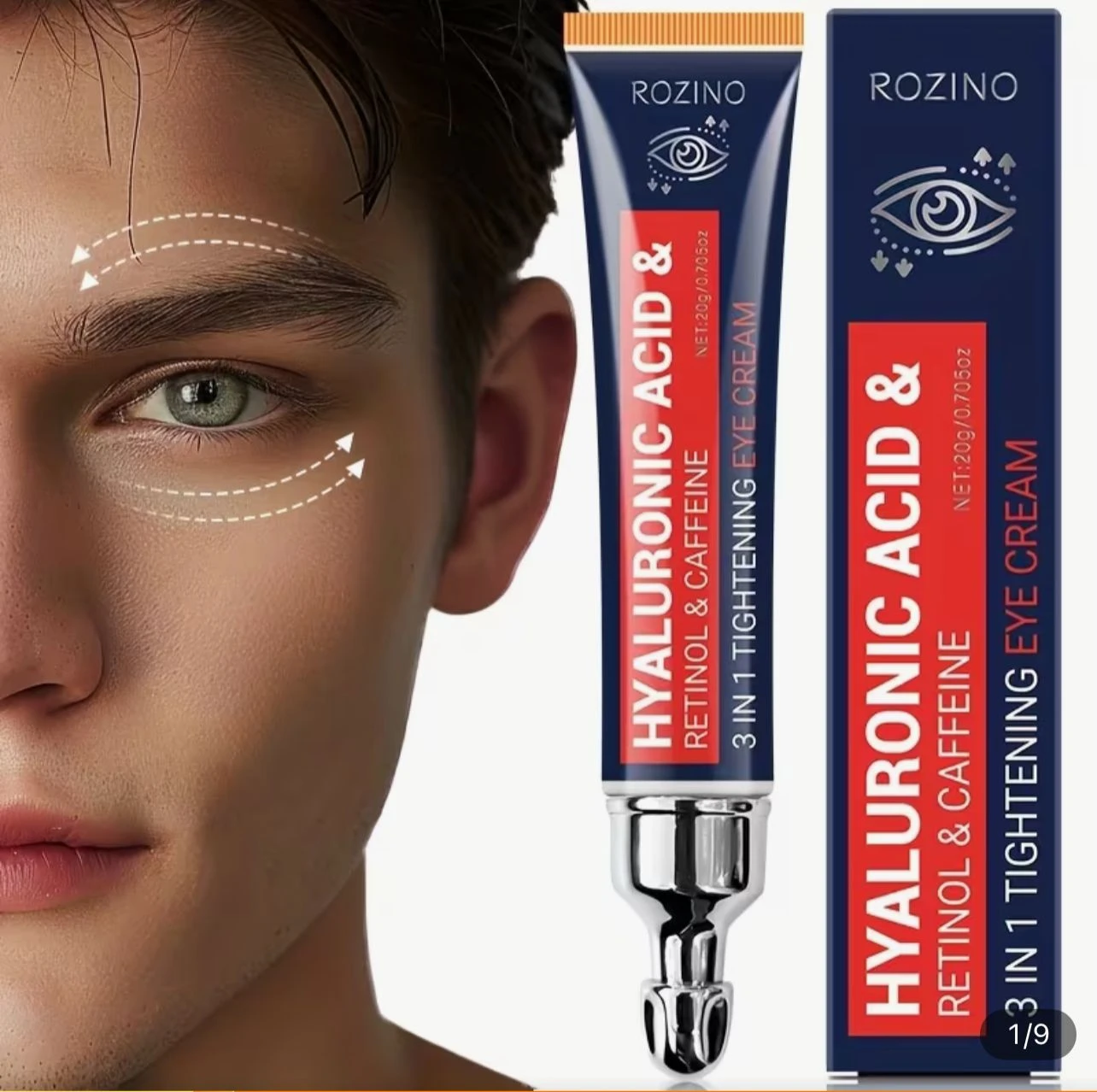 Tubo de crema contorno ojos de Rozino con ácido hialurónico, retinol y cafeína, junto a su caja azul y una de aplicación en rostro masculino.