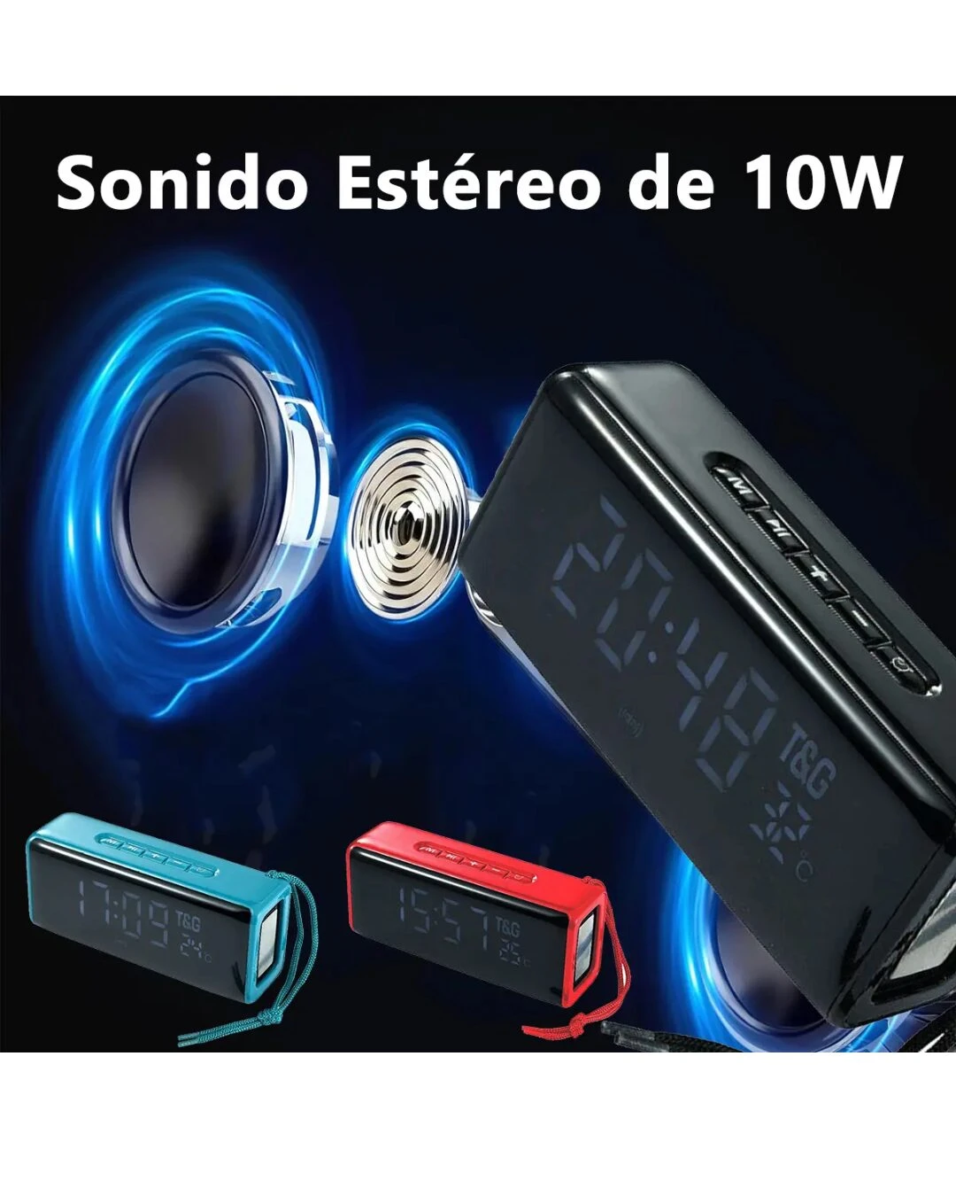 Parlante T&G 174 con radio FM y reloj digital - Disfruta de música y controla el tiempo sin cables