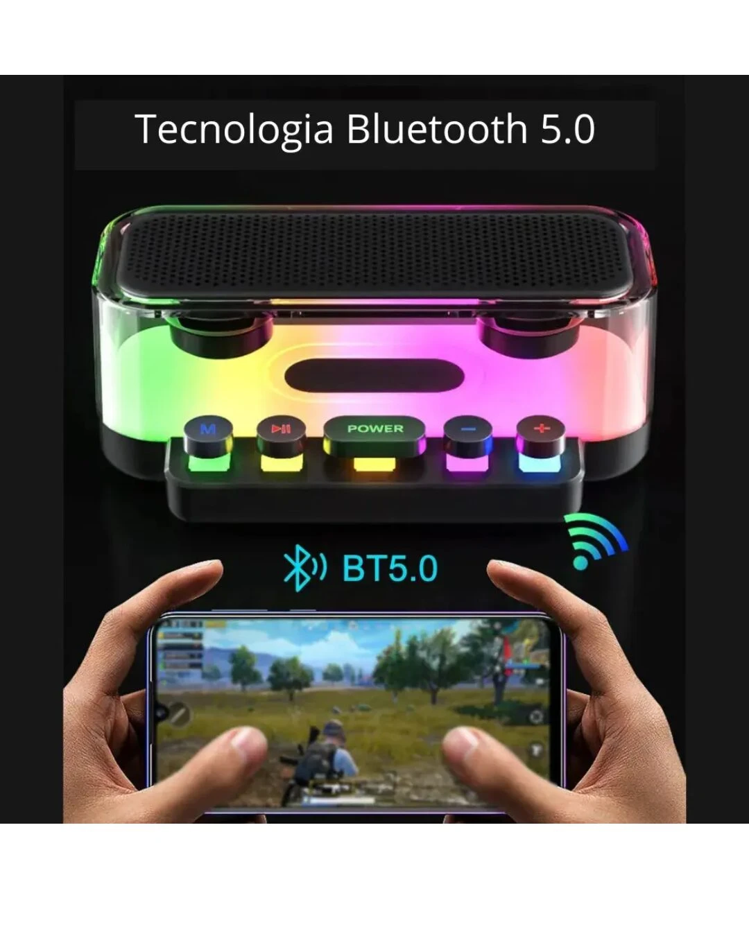 Parlante Bluetooth 5.0 con botones mecánicos y luces RGB - Disfruta de sonido envolvente inmersivo para gaming móvil
