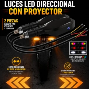 Dos direccionales LED con proyector RGB, en color negro, mostrando cables conectados y luces activas en tonos cálidos y multicolores.