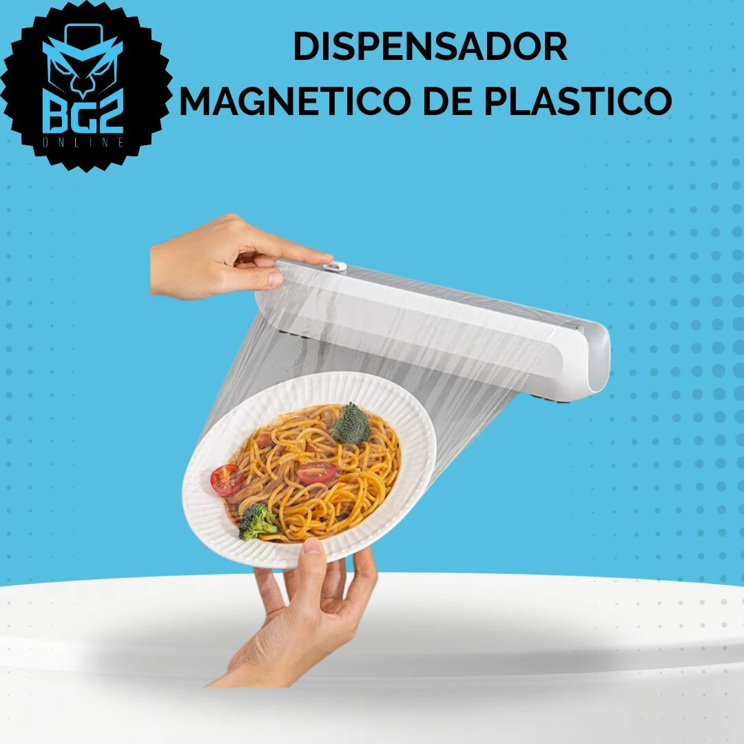 Dispensador magnético de plástico blanco con cortador invisible, mostrando uso práctico sobre plato de pasta en mano, fondo azul claro con textura de puntos.