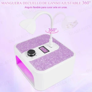 Lámpara LED UV con manguera de ganso ajustable 360°, superficie texturizada en lila y panel de control digital.