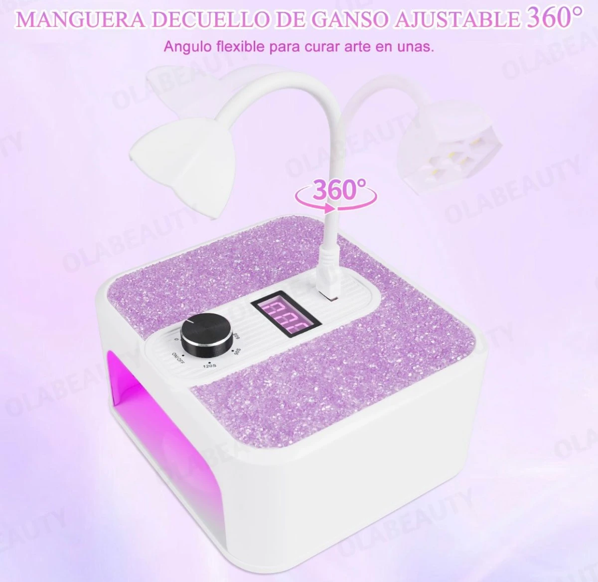 Lámpara LED UV con manguera de ganso ajustable 360°, superficie texturizada en lila y panel de control digital.