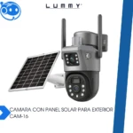 Cámara de vigilancia exterior LUMMY CAM-16 con panel solar integrado, antenas y luces LED visibles, en color gris oscuro.